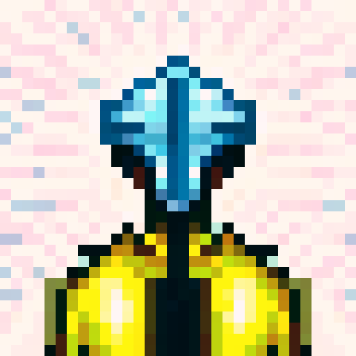 armoured knight, shining silver, intricate engravings, polished helmet, fierce expression, determined eyes, detailed chainmail, protective gauntlets, embellished chestplate, embossed shoulder pads, sword at the ready, glowing blue gem, dynamic lighting, pixelated textures, vibrant colors, 32x32 pixels, game icon-worthy, sRGB palette, skillfully crafted, close-up shot, intense focus, portrait-like pose