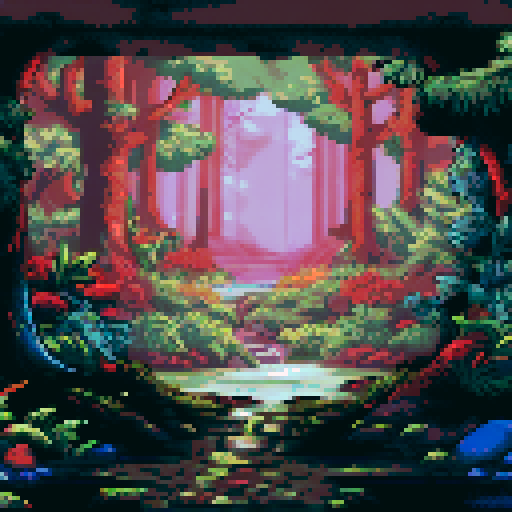 Towering trees, mossy rocks, and a babbling brook surround a cozy cabin filled with books and a crackling fire in the background