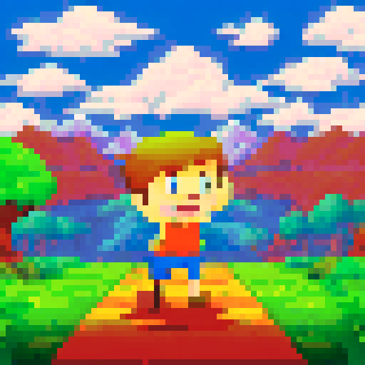 Boy with green shirt and brown shorts, standing in front of a vibrant orange and yellow pixel art landscape, holding up a sign that reads "Affiliate Marketing" in bold white letters against a sRGB background