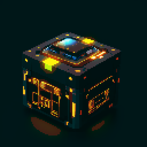 futuristic rectangular lootbox, additional tiers, glowing buttons, intricate details, space stars galaxy glow, pixel art style