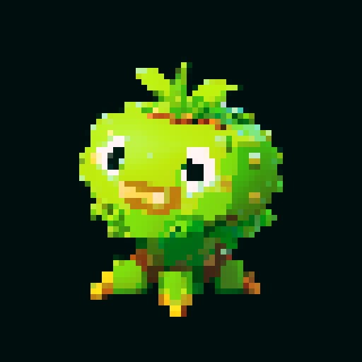 A slightly larger plant-like creature with more defined features, bark-like skin, and budding flowers. It has a friendly expression and a sturdy build. No background.
