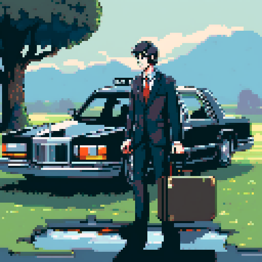 A tired-looking business man in a rumpled suit, carrying a worn briefcase and with cowlick hair, stands with slumped shoulders but a conviction on his face, smiling, in front of a black limousine with open doors, surrounded by a sunny yet rainy countryside meadow A cow grazes nearby as a water puddle forms on the ground, all depicted in vibrant 8-bit pixel art style