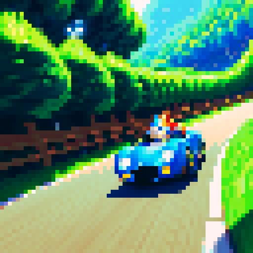 sonic and wood sonic racing, pixel art, sRGB, vibrant colors, dynamic speed lines, lush green trees, wooden obstacles, retro video game vibes, high contrast shadows, detailed pixel characters, action-packed composition, intense motion blur, iconic blue hedgehog, wooden textures, box art