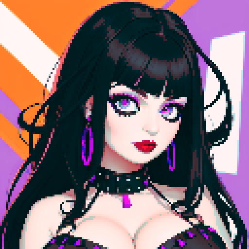 curvy, cute busty goth girl's face, whole head portrait, black hair, purple eyeshadow, red lipstick, low cut black studded leather halter top, studded collar, vibrant sRGB colors, seductive look.