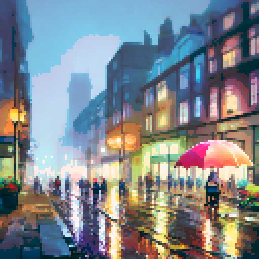 colorful umbrellas, wet cobblestone streets, towering skyscrapers, shimmering reflections in puddles, misty neon lights, people huddled under awnings, rain-soaked flowers, silhouettes of city dwellers with umbrellas, cascading water droplets on windows, a foggy skyline