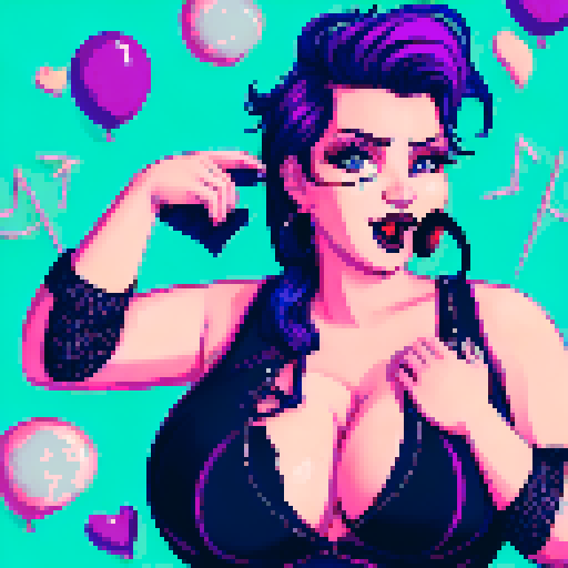 curvy, cute, busty greaser goth girl, with purple hair, black eyeshadow, red lipstick. Very busty wearing bikini, studded collar. Posing in a sexy seductive glamour shot, whole head portrait, avatar photo. vibrant sRGB colors, pixel art, edgy aesthetic