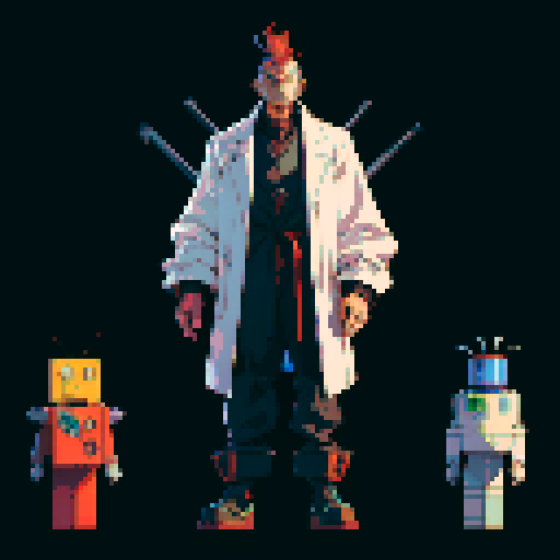 full-body image mad scientist facing left, standing on robot