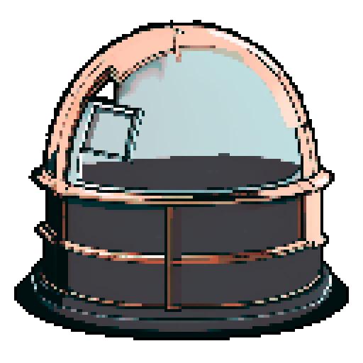 I want a rounded transparent glass half-dome with copper trim and copper rivets around the bottom edge. I want this object usable an asset in a videogame, meaning only one object per image, outlined with a strong black stroke.