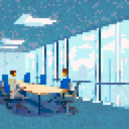 A conference room with office workers and a big window at the back wall