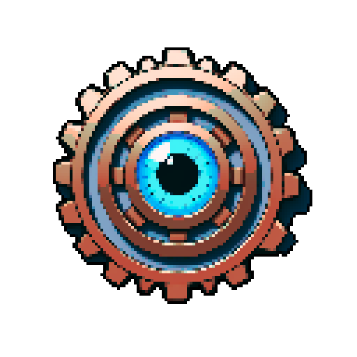 Large copper gear with a glowing blue eye in the middle. on a solid color background so I can easily remove the background