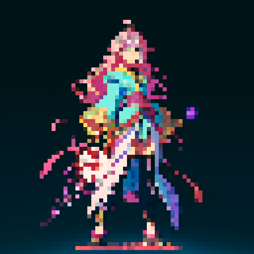 legendary anime girl wizard, long flowing hair, vibrant and dynamic colors, glowing magical staff, intricate and ornate robes, intense and focused expression looking to the right, not wearing shoes, sparkling and shimmering background, detailed and precise pixel art
