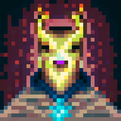 Fierce warrior with glowing blue eyes, sharp horns, and flowing red hair, rendered in a skillful pixel art style, framed in a close-up portrait perfect for a game icon