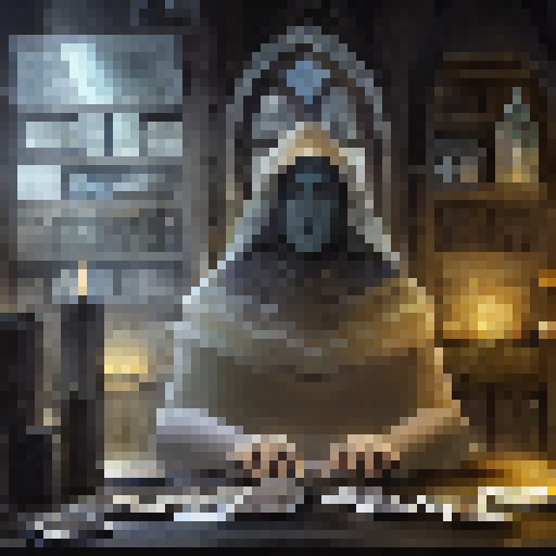 Dark, eerie, and mysterious, the AI-powered tarot card reader sits in a medieval dungeon, surrounded by an otherworldly aura, its deck of tarot cards spread out before it, waiting for its next client to arrive.