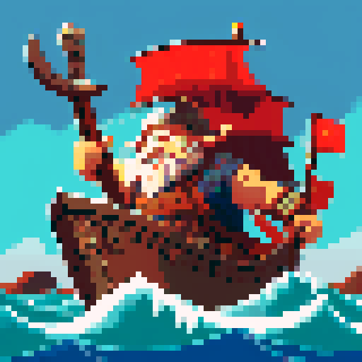 Viking warrior sailing on a longship, fierce and bearded, with a horned helmet, holding a battle axe, amidst stormy waves, in vibrant pixel art with sRGB colors