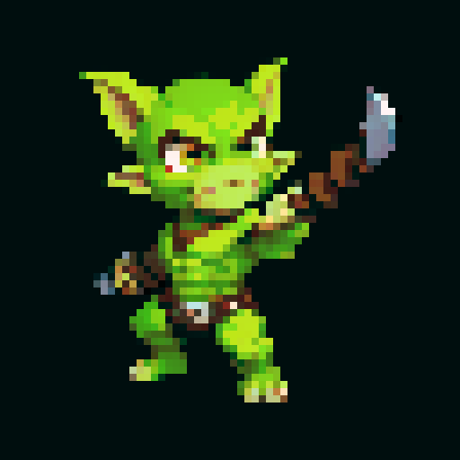 A stronger, more battle-ready goblin with sharper features, armor pieces, and a better-crafted weapon. It has a fierce expression and a muscular build. No background.
