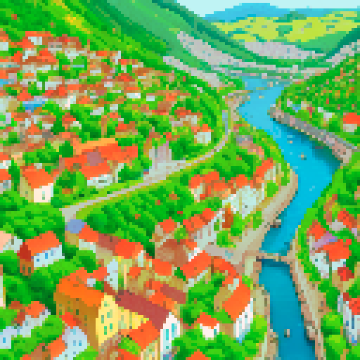 town map, vibrant colors, detailed buildings, winding roads, tall trees, flowing river, rolling hills, quaint shops, bustling market, cozy homes, towering castle, cobblestone streets, lively town square, flickering street lamps, colorful flowers, charming bridges, bustling harbor, distant mountains, clear blue sky