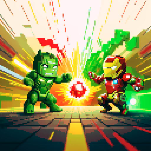 Iron man, hulk, intense battle, dynamic poses, vibrant colors, pixelated details, sRGB palette, action-packed, explosive effects
