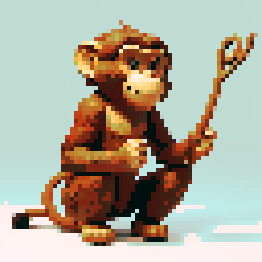 Wooden sculpture of a monkey with realistic fur texture, expressive facial features, and intricately carved hands and feet, sitting on hind legs, playfully holding and twirling the tip of its tail, showcasing exquisite craftsmanship and unique artistry in pixel art style