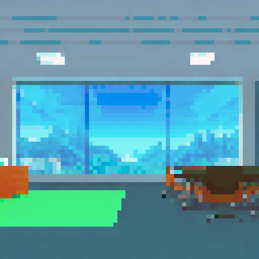 A conference room with a big window at the back wall