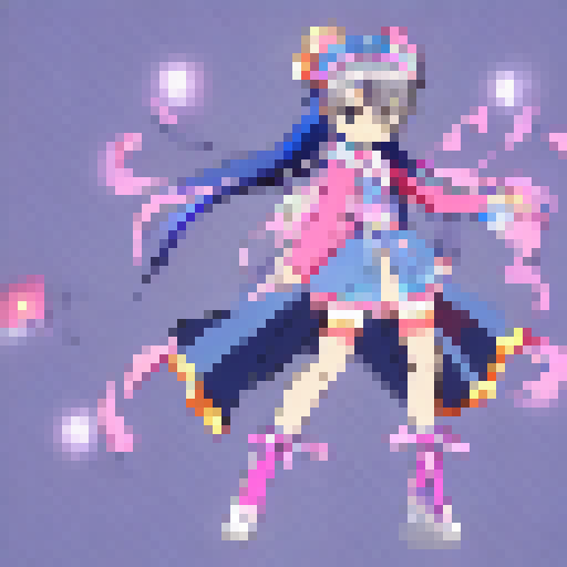A cheerful magical girl with vibrant, flowing ribbons and sparkling spells, defending her city from dark forces.
