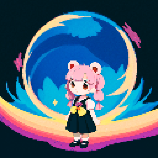 This image features a stylized bear inspired by ghibli, in a chibi art style. The bear has, expressive black eyes and a cute, pink skin. The hair is styled in long twin pigtails, accented with pink and gold ribbons, matching the color theme of the outfit, which includes a sailor-style collar and a pink bow. The background depicts a wild magic night with shining stars and a dark waterfall. This is a typical example of how popular anime characters