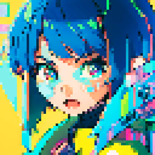 neon pixelated holographic woman short hair cute on computer screen