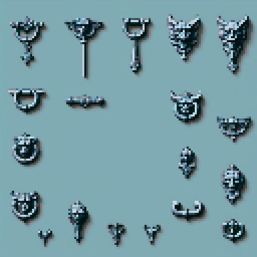 simple, geometrical pieces from old door knocker and gargoyles. It should be seen as if on a wall, with no perspective, on a solid-color background. There should one be two or three pieces in each frame, it shouldn't be complete.