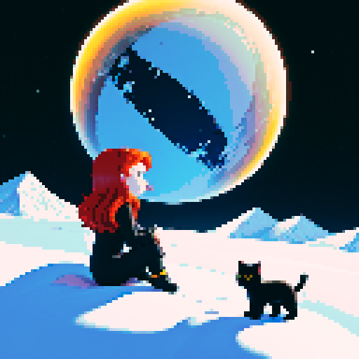 Redhead with black cat in between towering, snowy mountains in space