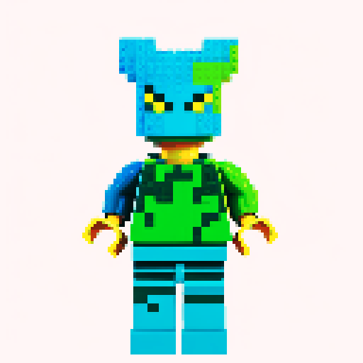 lego pixel, vibrant colors, blocky shapes, small plastic bricks, isometric perspective, retro video game, low resolution, 8-bit graphics, sharp edges, square grid, limited color palette, nostalgic feel, brick-built characters, iconic lego logo, digital recreation, detailed textures, crisp lines, simplified forms, nostalgic gaming vibes rainbow color body 