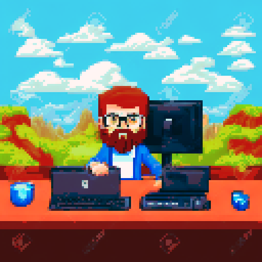 Bushy-bearded and long haired programmer typing at desk with black-and-white cat lounging atop computer tower amidst a retro game-style, pixelated landscape with vibrant sRGB colors, pixel art, 80's game