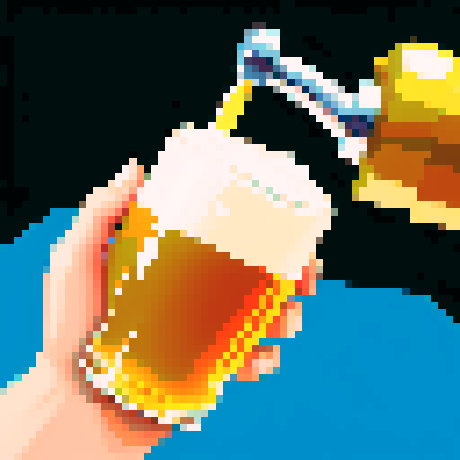 hand pouring draft beer, close up, fantasy 8 bit style, pixel art, vibrant colors, foam overflowing, carbonation fizzing