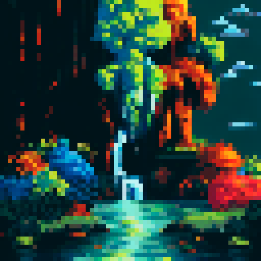 Mountainous terrain with a vibrant sunrise, highlighting the beauty of nature in pixel art with sRGB colors and a detailed landscape background