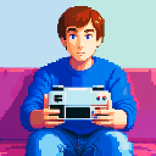 Solo male protagonist, immersed in pixelated nostalgia, surrounded by 90's suburban bliss, playing retro video games alone in the living room