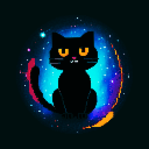 black cat with orange eyes wandering in galaxies and space, planets, comets