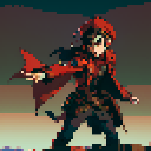 steampunk young man, red coat, red hat, 2D game stance, pixel art, sRGB