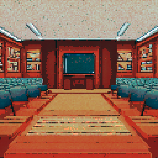 Cozy autumn lecture hall, warm earth tones, pixel art, sRGB, elegant background, bookshelves, wooden desks, vintage chalkboard, soft lighting, falling leaves, serene landscape, quiet study atmosphere