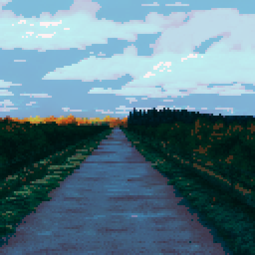 cloudy sky, dull sunset, paved pathway, fall leaves
