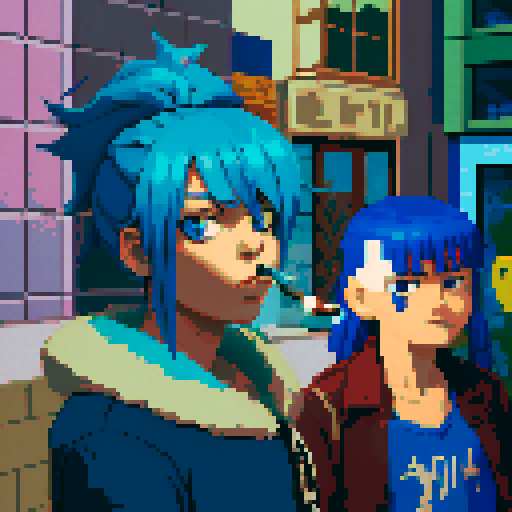 blue haired girl smoking cigarette, and man on the left holding gun