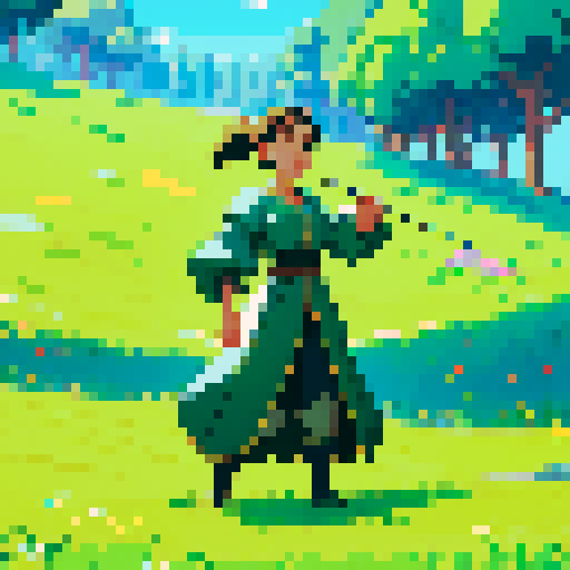 person  pressing a glowing video game button, surrounded by lush green grass and a clear blue sky, all depicted in a medival pixel art style