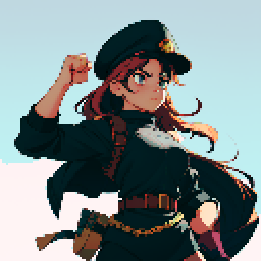 full-body image, muscle girl, female, thick biceps, big shoulders, big fists, muscular physique, thick waist, facing left, ready to fight, exaggerated proportions, black military uniform, black hat, military backdrop, sRGB, pixel art, no background, no backdrop, facing left, fists raised, ready to fight