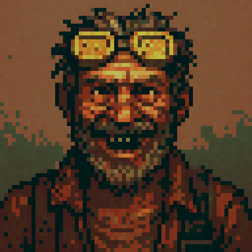 64x64 pixel art portrait, front-facing bust. Rusty the Wasteland Mechanic NPC from post-apocalyptic survivor game. Weathered face with scruffy graying beard, cracked yellow safety goggles pushed up on forehead, wild manic grin showing gap-toothed smile. Dirt-smeared skin, oil stains on cheeks. Worn brown leather vest over faded orange work shirt. One suspender visible. Mad Max aesthetic meets 16-bit RPG character portrait. Muted palette: rust browns, dusty oranges, weathered grays, dirty yellows