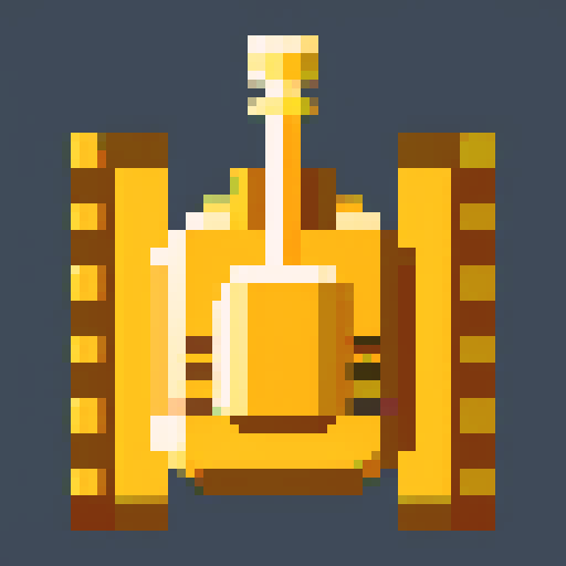 upgraded tank, top-view, game sprite, 32x32 pixel art, sRGB, 2d game art, close up, yellow main color, single turret, intimidating cannons, tracks, tranparent background, game sprite, symmetry