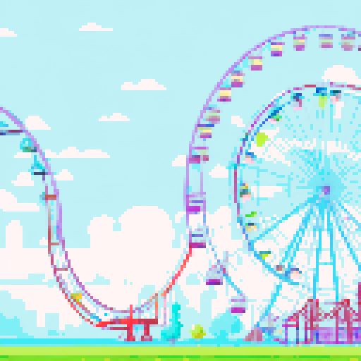 wide shot amusement park, vibrant colors, whimsical carousel, towering roller coaster, ferris wheel in motion, candy-colored stalls, pixel art style