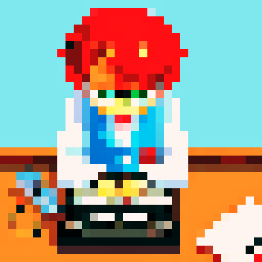 scientist, desk, typewriter, pixel art, sRGB, focused, lab coat, table, desk 
