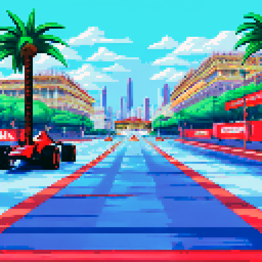Zooming past the Monte Carlo harbor, a sleek, red Formula One race car, surrounded by palm trees and towering skyscrapers, speeds towards the finish line, rendered in pixel art with a muted, sRGB color palette creating a breathtaking Monaco grand prix landscape