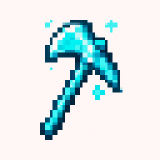 An ultimate farming hoe icon, tool head forged from shimmering light blue diamond crystal, sharp geometric faceted edges, glowing magical aura, futuristic cyan handle, powerful and mystical. pixel art style, 16x16 grid resolution, minecraft item icon style, flat 2D game asset, white background, no shadows, hard edges, diagonal tool view.