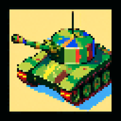 tank, top-view, Battle City style, game icon, 32x32 pixel art, sRGB, skill art, close up, portrait, metallic body, camouflaged, rotating turret, intimidating cannons, tracks, pixelated explosions, smoke trails, vibrant colors, intense action, nostalgic vibes