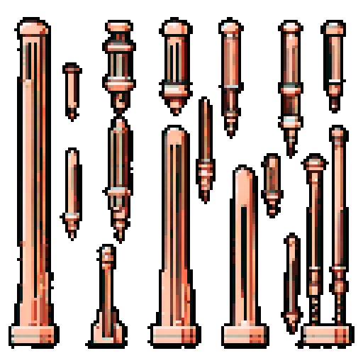 I want a tall vertical copper structure reminiscent of a organ pipe. It should have strange mechanical details that could interlock with each other. I also want this object usable an asset in a videogame, meaning only one object per image, outlined with a strong black stroke, on a solid-color background.