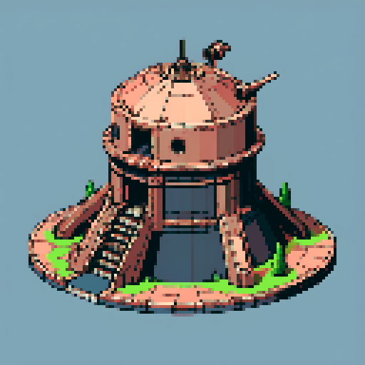 I want a copper structure reminiscent of the base of a gun turret, seen from a head on two dimensional perspective. The design should be relatively simple. I also want this object usable as an asset in a videogame, meaning only one object per image, outlined with a strong black stroke, on a solid-color background.