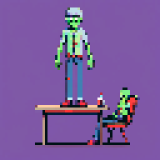 Zombie, detached limbs, pixel art, sRGB, laying on table, looking at camera